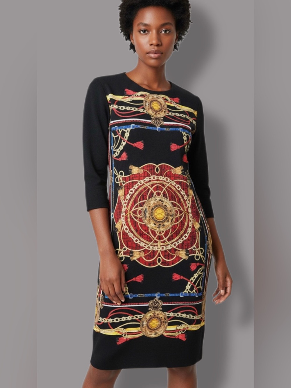 ZARA Ornate Medallion Black Shift Dress Bohemian Artsy Classic Flare, Med, EUC